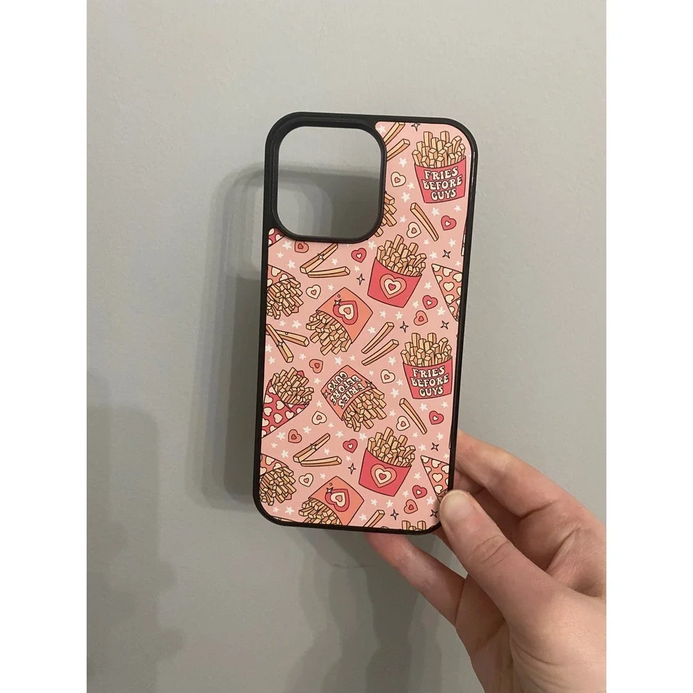 Phone Case iPhone 14 Pro Max Pink Fries Before Guys Graphic Hearts Black Bumper